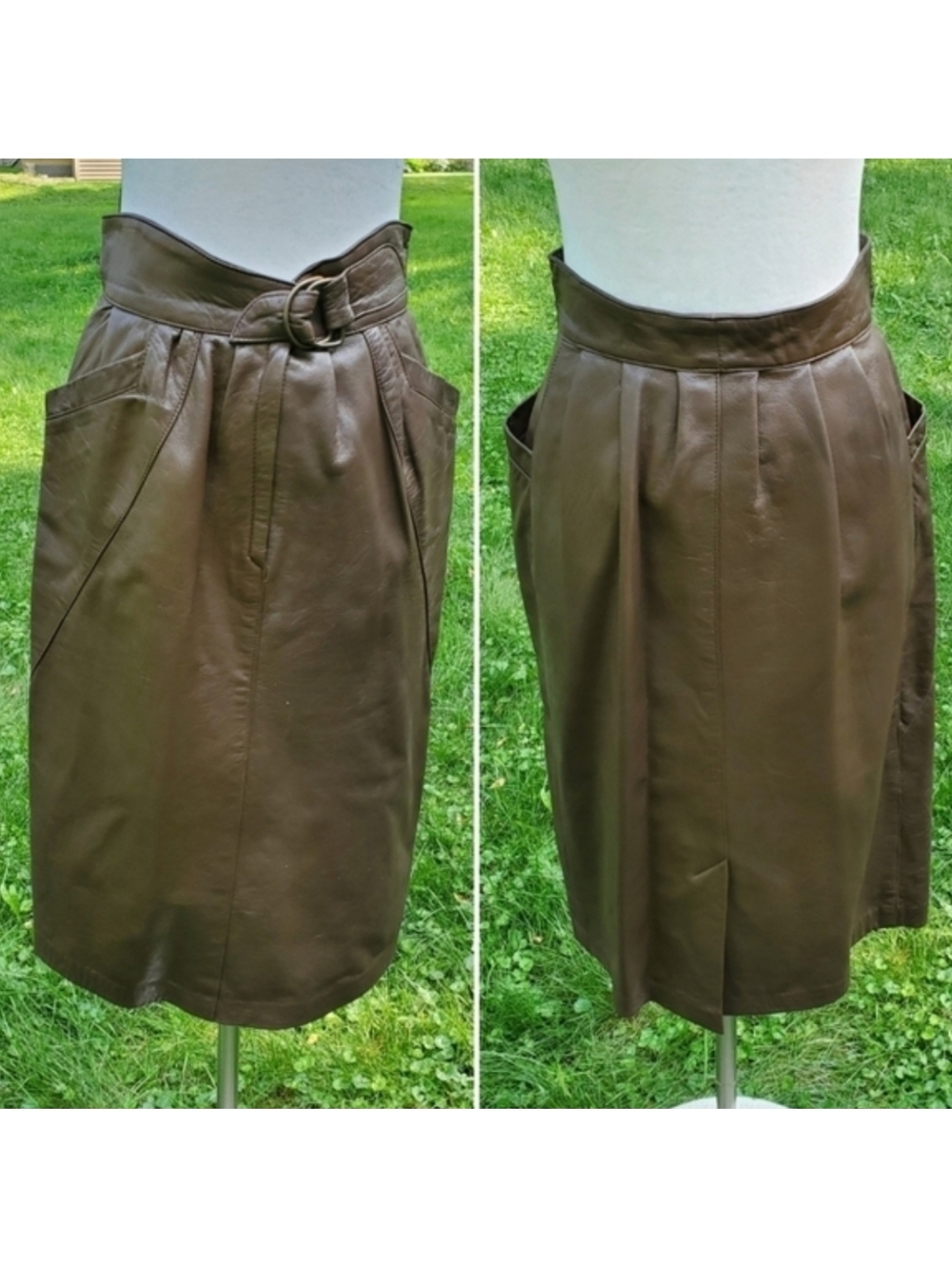 Vintage 70s Boho Hippie Chic Brown Leather Belted Vera Pelle Midi Skirt‎ Small